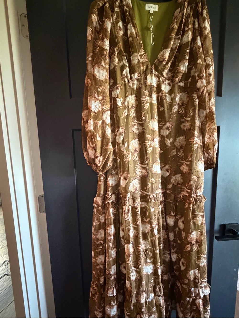 bohme Olive and Cream Floral Maxi Dress